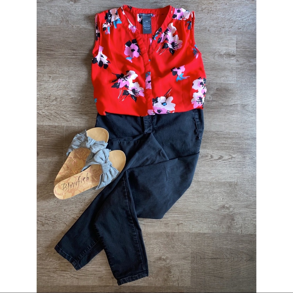 Floral Red Tank Top Button Blouse